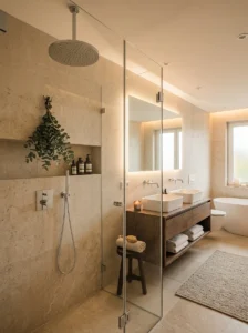 Rainfall showerhead in a luxurious spa-inspired bathroom