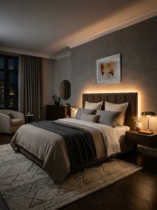 Backlit headboard creating a soft bedroom glow