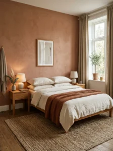 Bedroom with a warm terracotta accent wall and natural wood furniture.
