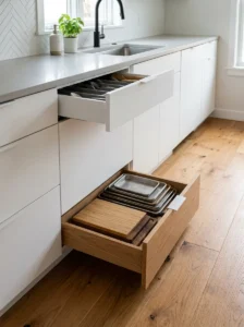 Small kitchen with hidden toe-kick drawers for flat storage