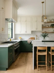 Two-tone kitchen cabinets with dark lower and light upper cabinets