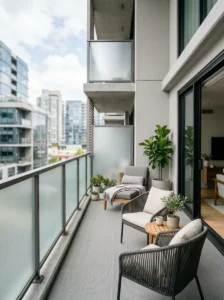 Frosted glass balcony railing providing privacy and natural light