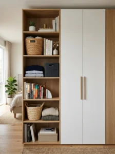 Open shelving inside a bedroom wardrobe.