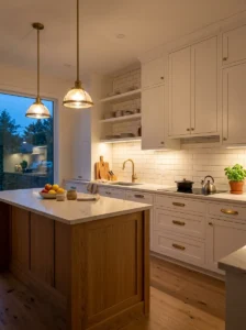 Warm under-cabinet lighting illuminating a modern kitchen countertop.