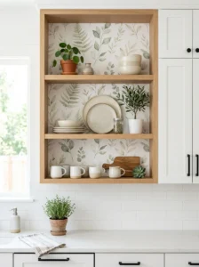 Botanical removable wallpaper used inside open kitchen shelving.