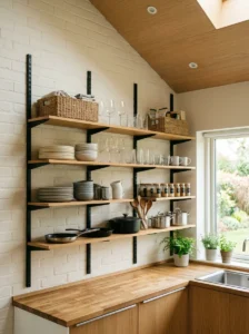 Modular kitchen shelving system with adjustable storage.