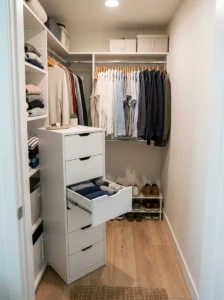 Slim drawer unit providing storage in a small walk-in closet