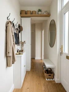 Vertical storage maximizing space in a small entryway