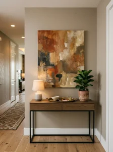 Large statement artwork above a console table in an entryway