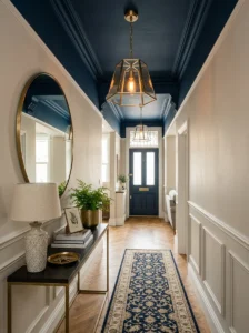 Entryway with a contrasting navy ceiling and warm pendant light