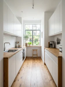 Small galley kitchen with shallow upper cabinets for extra clearance