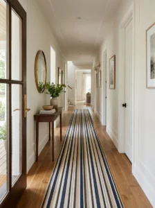 Striped runner rug creating direction in a narrow entryway