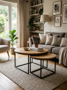 Modern nesting tables for flexible living room use.