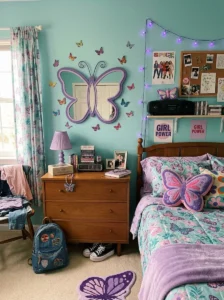90s bedroom decorated with butterfly wall accents and butterfly patterned textiles.