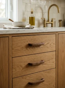 Natural wood drawer pulls on warm kitchen cabinetry