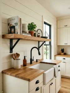 Wood kitchen shelf with contrasting black brackets.