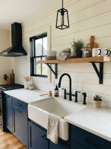 Recessed kitchen shelves built into a wall cavity.