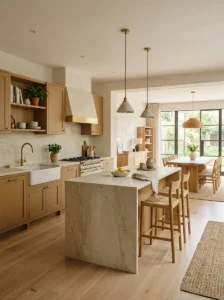 Deep emerald green kitchen island with brass fixtures