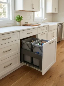 Pull-out kitchen cabinet containing concealed trash and recycling bins.