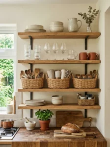 Open kitchen shelves with woven basket storage.