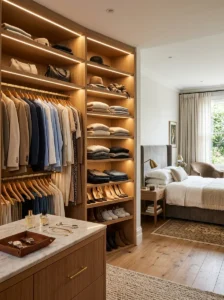 Open walk-in wardrobe with organized clothing.