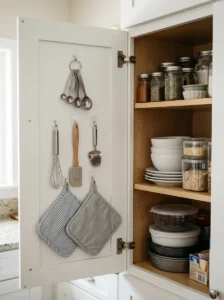 Adhesive hooks inside a cabinet door storing small kitchen tools.