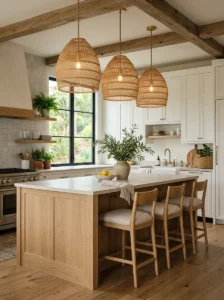 Kitchen island featuring woven rattan pendant lighting.