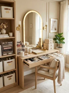 Coordinated beauty storage using clear acrylic, cream, beige, and brass finishes.