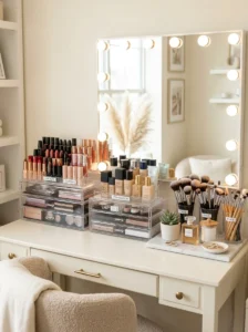 Clear acrylic organizers neatly storing makeup by category on a vanity.