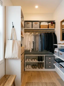 Donation bag helping maintain an organized small walk-in closet