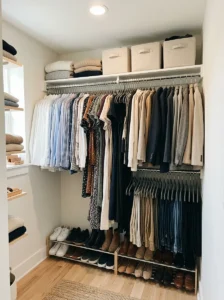 Slim velvet hangers maximizing space in a small walk-in closet