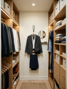Small storage bench providing seating and hidden closet storage