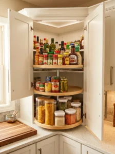 Two-tier lazy Susan organizing a deep kitchen corner cabinet.