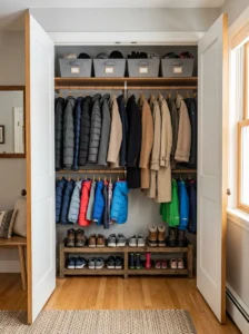 Organized entryway coat closet with double hanging rods and storage bins