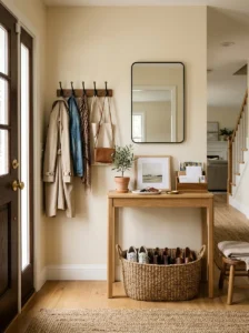 Clutter-free entryway with organized storage for keys, coats, shoes, and mail