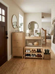 Entryway with slim shoe cabinet and organized shoe storage