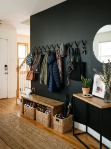Entryway drop zone with wall hooks and woven storage baskets