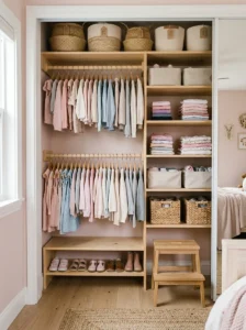 Age-appropriate girls bedroom closet with accessible rods, shelves, and baskets.