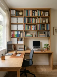 Organized study room with shelves, books, folders, and storage boxes.