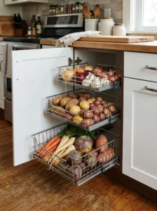 Pull-out wire baskets for organized kitchen storage.