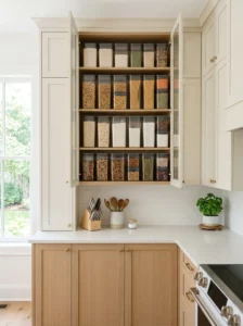 Small kitchen with clear storage containers and glass-front cabinets