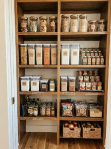 Clear pantry bins grouped by food categories on organized shelves.