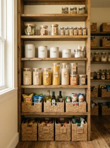 Organized kitchen pantry with matching containers, jars, baskets, and labels.