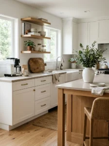 Clean kitchen countertops with only a few functional and decorative items displayed.