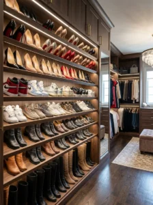 Organized shoe shelves inside a modern closet