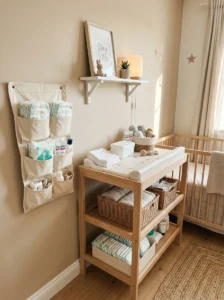 Hanging pocket organizer storing diapers and wipes beside a nursery changing station.