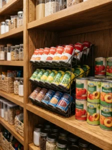 Stackable organizers keeping canned goods visible and easy to access.
