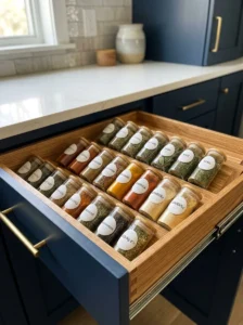 Tiered spice drawer insert keeping spice jars visible and organized.