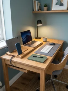 Study room with simple calming wall art above an organized desk.