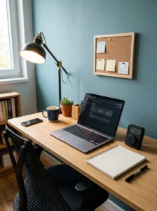 Study desk with a timer and simple visual progress tracker.